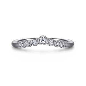 Gabriel & Co. AN15565W44JJ 14 karat white gold Victorian anniversary band, front view of round diamonds in beaded bezels, largest at the middle and smaller toward each end