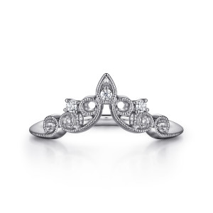 Gabriel & Co. AN15567W44JJ 14 karat white gold Floral Nouveau diamond ring, front view of the pointed peak with a teardrop frame and scrolled loops