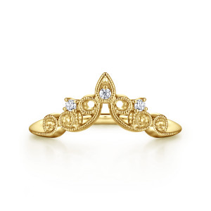 Gabriel & Co. AN15567Y44JJ 14 karat yellow gold Floral Nouveau diamond ring, front view of the teardrop peak with a small diamond flanked by open milgrain scrolls