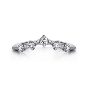 Gabriel & Co. AN15569W44JJ 14 karat white gold Victorian anniversary band, front view of a pointed peak with round diamonds spaced between ridged milgrain metal