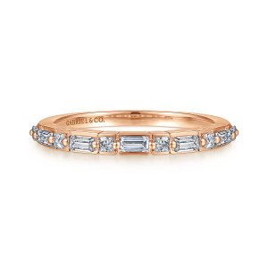 Gabriel & Co. AN15570K44JJ 14 karat rose gold Art Deco anniversary band, front view of alternating long and square stones, each in its own small frame