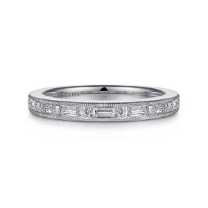 Gabriel & Co. AN15571W44JJ 14 karat white gold Victorian anniversary band, front view of baguette and round stones alternating between two beaded rails