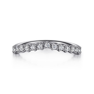 Gabriel & Co. AN15572W44JJ 14 karat white gold Classic anniversary band, front view of the contoured outline with a shallow center dip and small claw heads