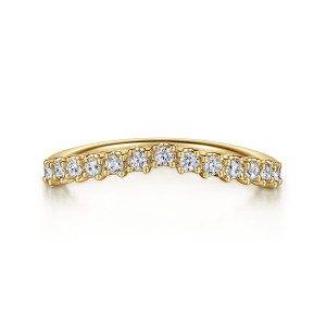 Gabriel & Co. AN15572Y44JJ 14 karat yellow gold Classic anniversary band, front view of the shallow arch with small round stones each in its own four prong head