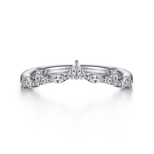 Gabriel & Co. AN15574W44JJ 14 karat white gold Starlight anniversary band, front view of the central peak of round stones flanked by pointed marquise stones