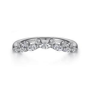 Gabriel & Co. AN15575W44JJ 14 karat white gold Starlight anniversary band, front view of marquise stones lying lengthwise with tiny round stones above them