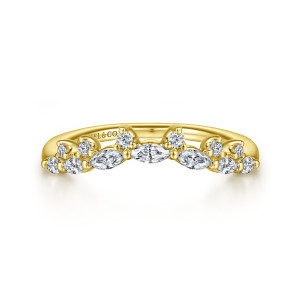 Gabriel & Co. AN15575Y44JJ 14 karat yellow gold Starlight anniversary band, front view of a curved band with marquise diamonds and small round stones in prongs