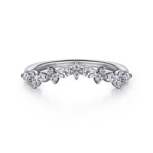 Gabriel & Co. AN15576PT4JJ platinum Starlight anniversary band, front view of a contour rising to a center peak between two marquise stones