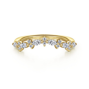 Gabriel & Co. AN15576Y44JJ 14 karat yellow gold Starlight anniversary band, front view of a shallow arch of pointed oval stones between small clusters of tiny round stones