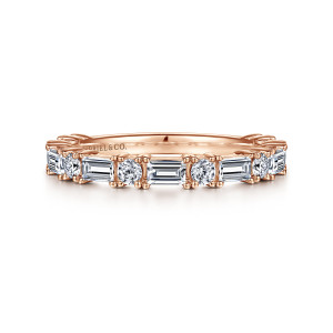 Gabriel & Co. AN15578K44JJ 14 karat rose gold Art Deco anniversary band, front view of a straight band with baguette and round stones alternating in individual prongs