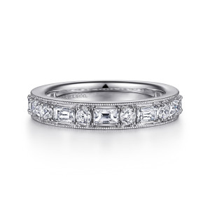 Gabriel & Co. AN15579W44JJ 14 karat white gold Victorian anniversary band, front view of rectangular step cut stones alternating with round stones between beaded edges