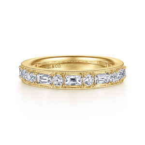 Gabriel & Co. AN15579Y44JJ 14 karat yellow gold Victorian anniversary band, front view of step cut rectangles alternating with round diamonds between milgrain borders