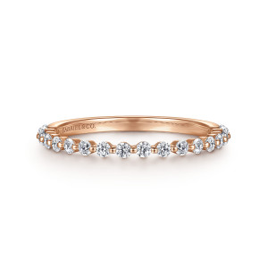 Gabriel & Co. AN15746K44JJ 14 karat rose gold Classic anniversary band, front view of evenly spaced round stones with a tiny bead between each pair