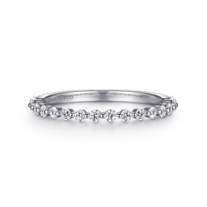 Gabriel & Co. AN15746W44JJ 14 karat white gold Classic anniversary band, front view of spaced round diamonds with tiny beads of metal between each pair