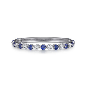 Gabriel & Co. AN15746W44SA 14 karat white gold Classic anniversary band, front view of round blue stones and diamonds alternating with a small prong between each pair
