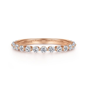 Gabriel & Co. AN15747K44JJ 14 karat rose gold Classic anniversary band, front view of the band with round stones divided by tiny metal beads and a maker's mark inside
