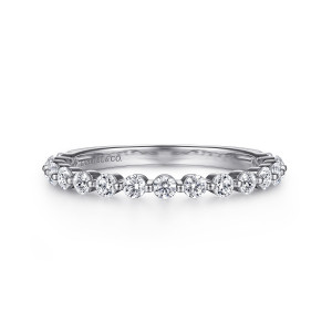 Gabriel & Co. AN15747W44JJ 14 karat white gold Classic anniversary band, front view of a single line of round stones with metal showing between them