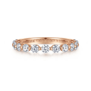 Gabriel & Co. AN15748K44JJ 14 karat rose gold Classic anniversary band, front view of a straight band with round stones in a single line divided by small round beads