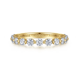 Gabriel & Co. AN15748Y44JJ 14 karat yellow gold Classic anniversary band, front view of round diamonds in a straight line with small round beads between neighbors