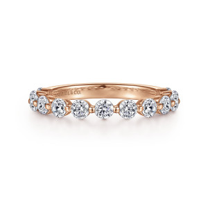 Gabriel & Co. AN15749K44JJ 14 karat rose gold Classic anniversary band, front view of a spaced row of round stones with a maker's mark inside the band
