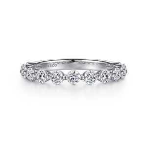 Gabriel & Co. AN15749W44JJ 14 karat white gold Classic anniversary band, front view of round stones spaced apart along the top with a smooth inner wall