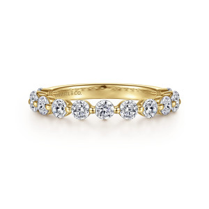 Gabriel & Co. AN15749Y44JJ 14 karat yellow gold Classic anniversary band, front view of round stones with small beads between them and the inner wall behind