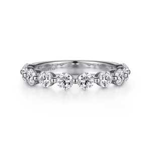 Gabriel & Co. AN15750W44JJ 14 karat white gold Classic anniversary band, front view of round stones divided by small metal beads along the top of the band
