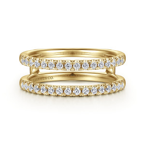 Gabriel & Co. AN15821M-Y44JJ 14 karat yellow gold Contemporary ring enhancer, front view of two parallel rows of small round diamonds joined by short bridges