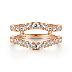 Gabriel & Co. AN15823M-K44JJ 14 karat rose gold Contemporary ring enhancer, front view of both rails dipping at the middle where the largest round stone sits