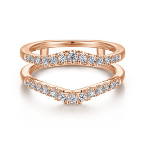 Gabriel & Co. AN15824M-K44JJ 14 karat rose gold Contemporary ring enhancer, front view of mirrored arcs with the largest stone at each crest and a maker's mark inside