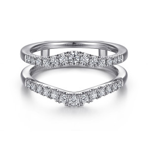 Gabriel & Co. AN15824M-W44JJ 14 karat white gold Contemporary ring enhancer, front view of two arched diamond rails bowing apart at the middle of the gap