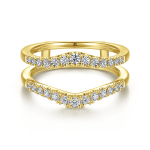 Gabriel & Co. AN15824M-Y44JJ 14 karat yellow gold Contemporary ring enhancer, front view of the curved rails, each with its largest diamond at the middle