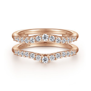 Gabriel & Co. AN15825M-K44JJ 14 karat rose gold Contemporary ring enhancer, front view of both rails bowing apart with the largest diamond at each middle