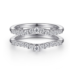 Gabriel & Co. AN15825M-W44JJ 14 karat white gold Contemporary ring enhancer, front view of both rails, each dipping at the middle where the largest diamond sits