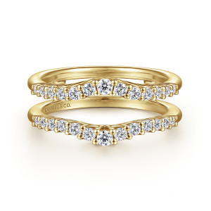 Gabriel & Co. AN15825M-Y44JJ 14 karat yellow gold Contemporary ring enhancer, front view of both rails dipping to a V with the largest stone at each low point