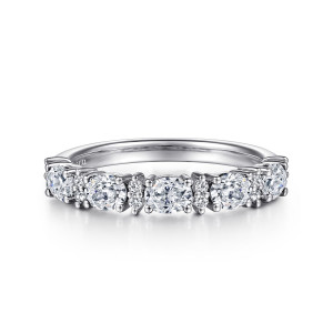 Gabriel & Co. AN15827W44JJ 14 karat white gold Contemporary anniversary band, front view of elongated stones lying lengthwise with a pair of tiny round stones between each