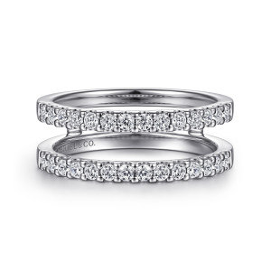 Gabriel & Co. AN15829M-W44JJ 14 karat white gold Contemporary ring enhancer, front view of two parallel lines of round stones with a maker's mark inside the band