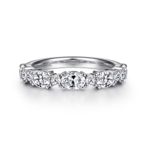 Gabriel & Co. AN15835W44JJ 14 karat white gold Contemporary anniversary band, front view of larger elongated stones alternating with smaller round ones in prongs