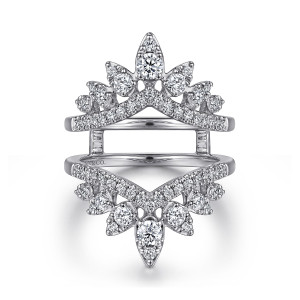 Gabriel & Co. AN15837M-W44JJ 14 karat white gold Starlight ring enhancer, front view of the mirrored crown halves with a larger stone at each tip and bars between