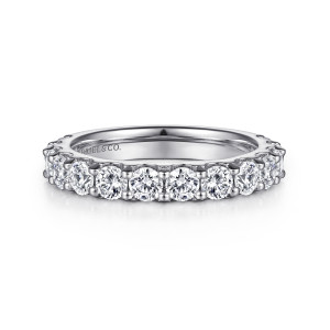 Gabriel & Co. AN15885W44JJ 14 karat white gold Classic wedding band, front view of round stones sharing small prongs along a smooth polished hoop