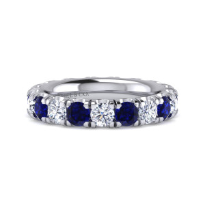 Gabriel & Co. AN15891-4W44SA 14 karat white gold Classic eternity band, front view of alternating deep blue stones and diamonds between tall split prongs