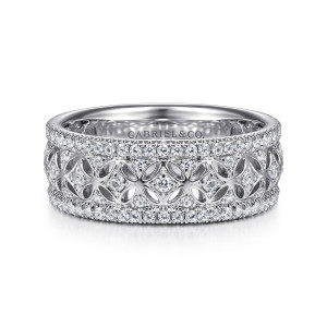 Gabriel & Co. AN15898W44JJ 14 karat white gold Contemporary anniversary band, front view of openwork flower cutouts framed by diamonds along both edges