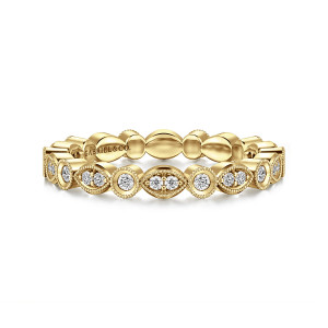 Gabriel & Co. AN15906-6Y44JJ 14 karat yellow gold Victorian eternity band, front view of round frames alternating with pointed oval frames holding paired diamonds