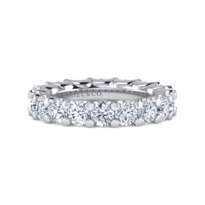 Gabriel & Co. AN15911-4W44JJ 14 karat white gold Classic eternity band, front view of round diamonds side by side, held by round tipped prongs along both edges