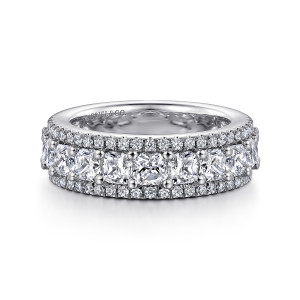 Gabriel & Co. AN16116W44JJ 14 karat white gold Contemporary anniversary band, front view of larger square stones in the middle row flanked by rows of small round diamonds