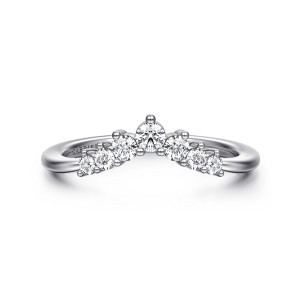 Gabriel & Co. AN16134W44JJ 14 karat white gold Contemporary anniversary band, front view of a pointed V of round diamonds in small ball-tipped prongs