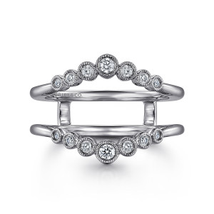 Gabriel & Co. AN16144M-W44JJ 14 karat white gold Contemporary anniversary band, front view of two mirrored arcs of round diamonds in beaded rim settings