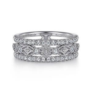 Gabriel & Co. AN16145W44JJ 14 karat white gold Contemporary anniversary band, front view of a lacy milgrain middle panel framed by two lines of small round stones