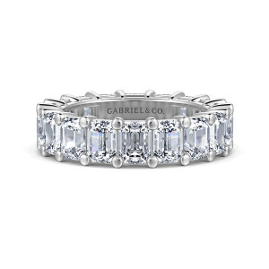 Gabriel & Co. AN16149-4W43JJ 14 karat white gold Classic eternity band, front view of rectangular stones turned long side across the band with paired prong tips