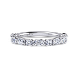 Gabriel & Co. AN16160W44JJ 14 karat white gold Classic anniversary band, front view of elongated stones alternating with small round stones along the top of the band